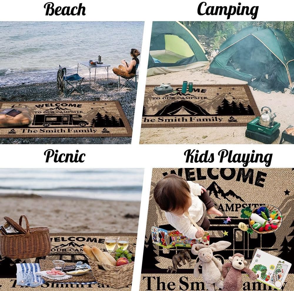 Custom Camping Rug Welcome to Our Campsite RV Trailer Mountain Landscape Decor Floor Mat for Outdoors, Patio, Backyard, Picnic, Beach, Camping, 30 x 55 Inch RV-11