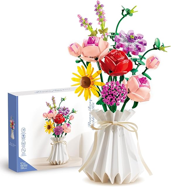 MOFOKEAY Flower Bouquet Building Sets,11 Artificial Flowers with Vase,Xmas Creative Gifts for Kid 6+(530 PCS)