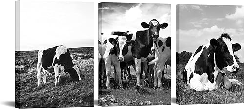 Nachic Wall 3 piezas de lienzo de animales de granja, arte de pared en blanco y negro, imágenes de animales de vaca lechera, impresiones de pintura