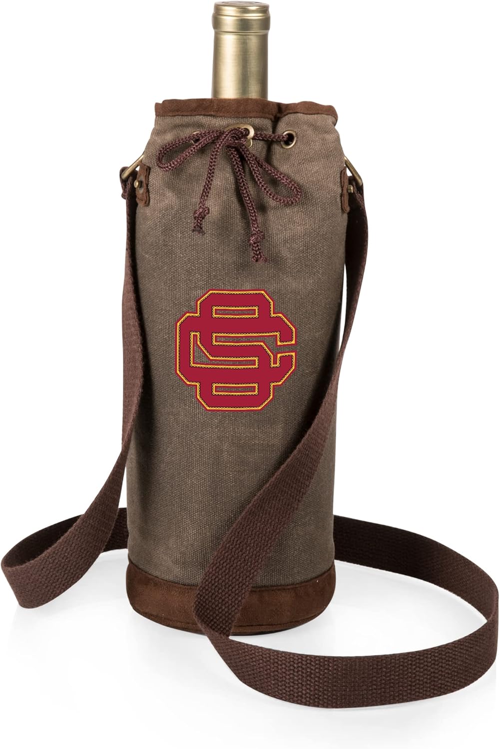 PICNIC TIME NCAA USC Trojans Bottle Wine Tote, Distressed Waxed Canvas Wine Tote Bag, Wine Gift Bag, (Khaki Green), 4 x 4 x 10.5