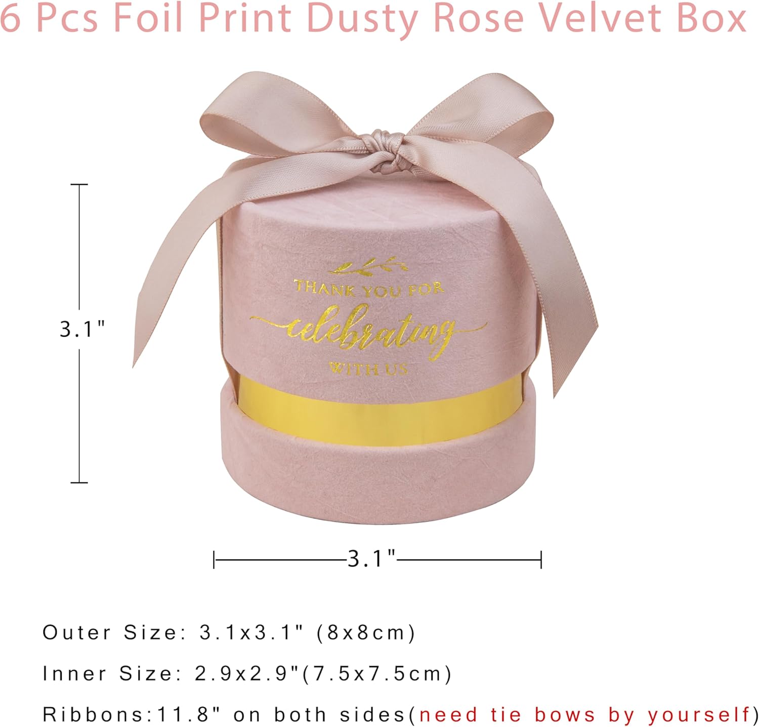 ponatia 6-Pack Dusty Rose Velvet Wedding Favor Boxes, 3.1×3.1'' Luxury Candy Boxes with Gold Foil Print & Ribbons, Pefect Gift Box for Wedding, Bridal/Baby Shower & Birthday Party Favors - Image 9