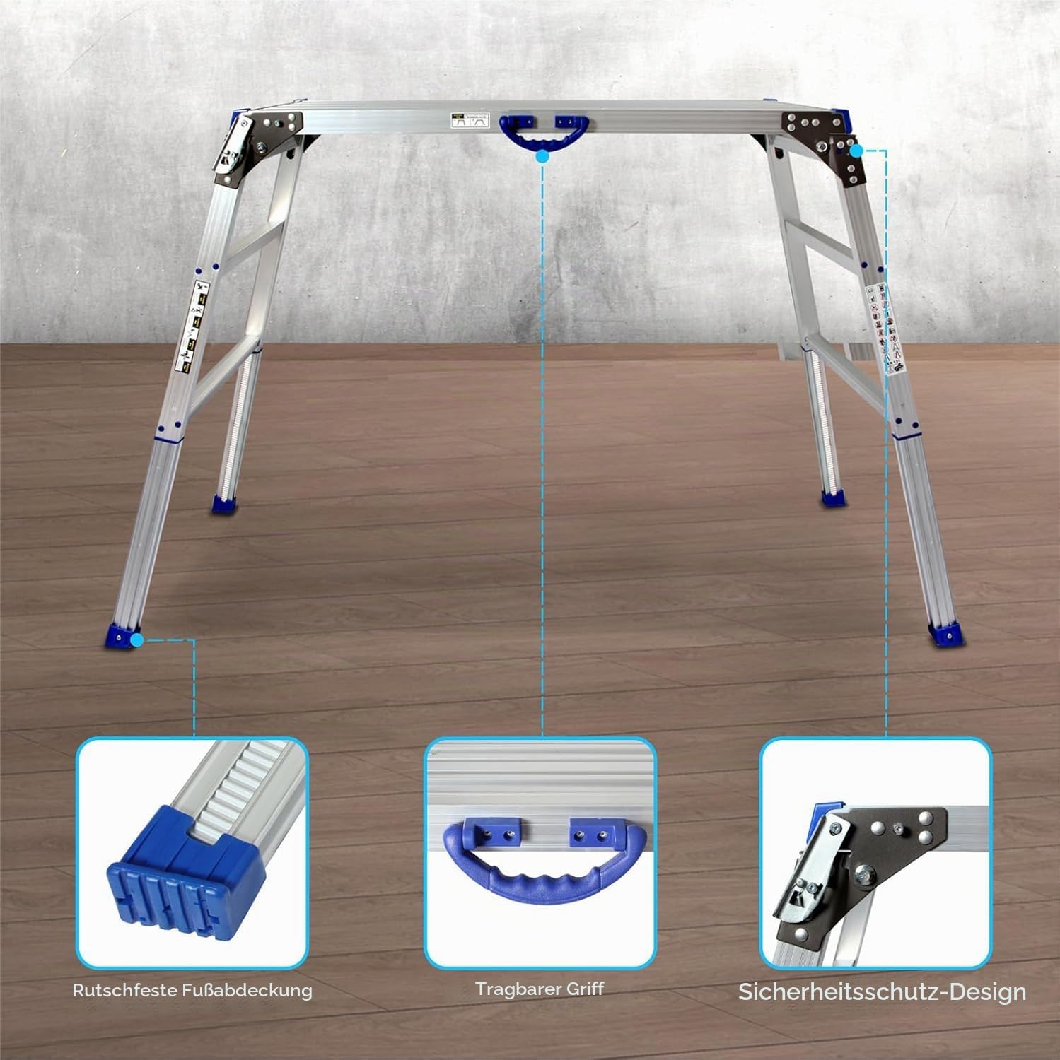 Arbeitsplattform 100x 30cm, 2 Stufige arbeitsplattform klappbar mit Rutschfester Gummimatte, Alle Beine höhenverstellbar von 65 bis 90cm, Tragkraft 150kg