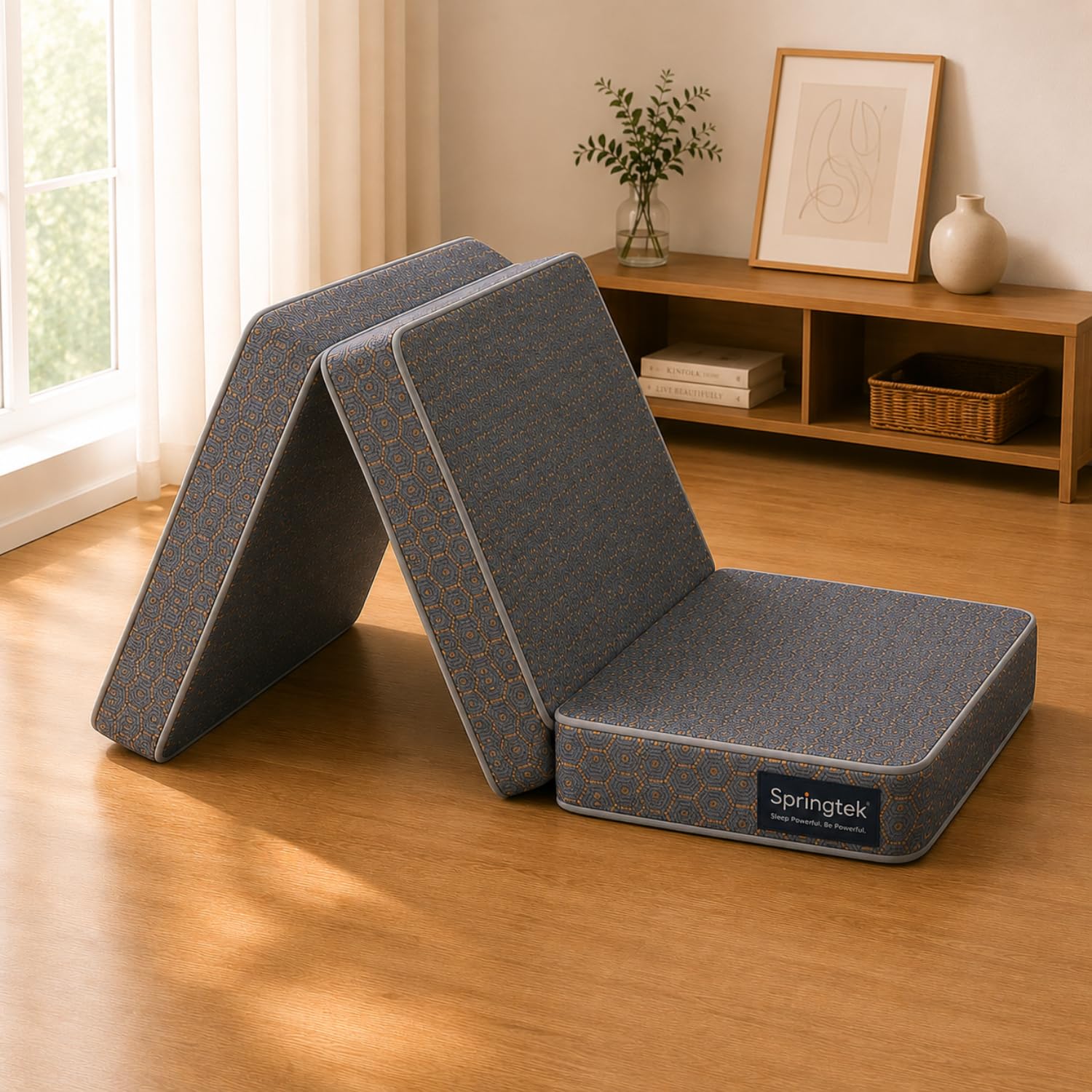 Springtek Tri-Fold Soft Foam Mattress | PU Foam 3 Folding | Medium Firm Mattress for Travelling (Single Size, 4" inch) (72x36x4)-image-8