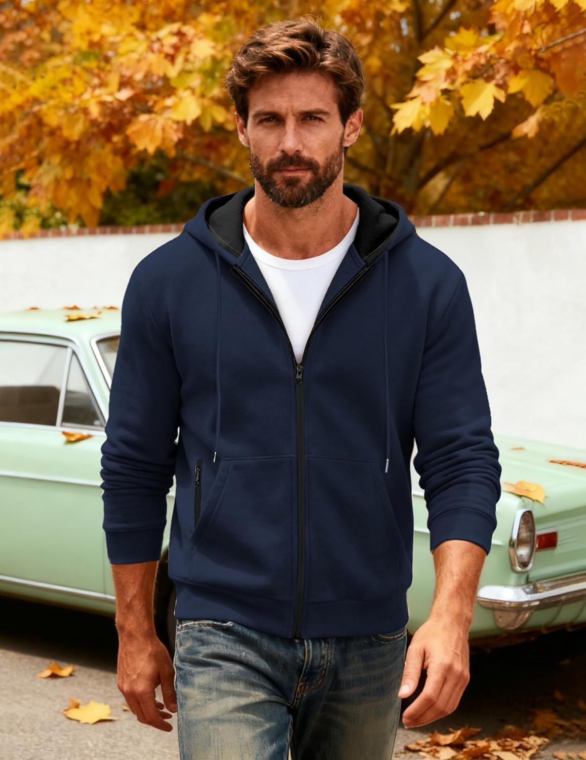 Mens Fleece Hooded Sweatshirt Winter Full Zip Jackets Long Sleeve Outerwear with Multi Pockets - Image 3