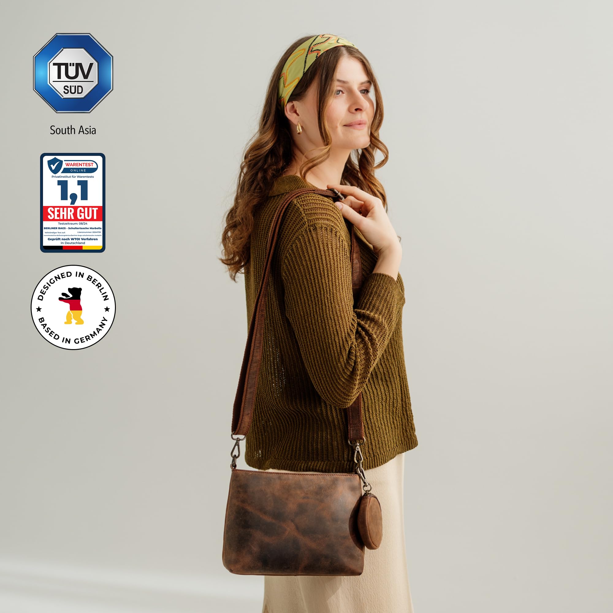 Berliner Bags Marbella S Bolso Bandolera Mediano de Piel Auténtica para Mujer, Crossbody con Correa Ajustable y Cierre YKK, Diseño Elegante y Resistente para Uso Diario