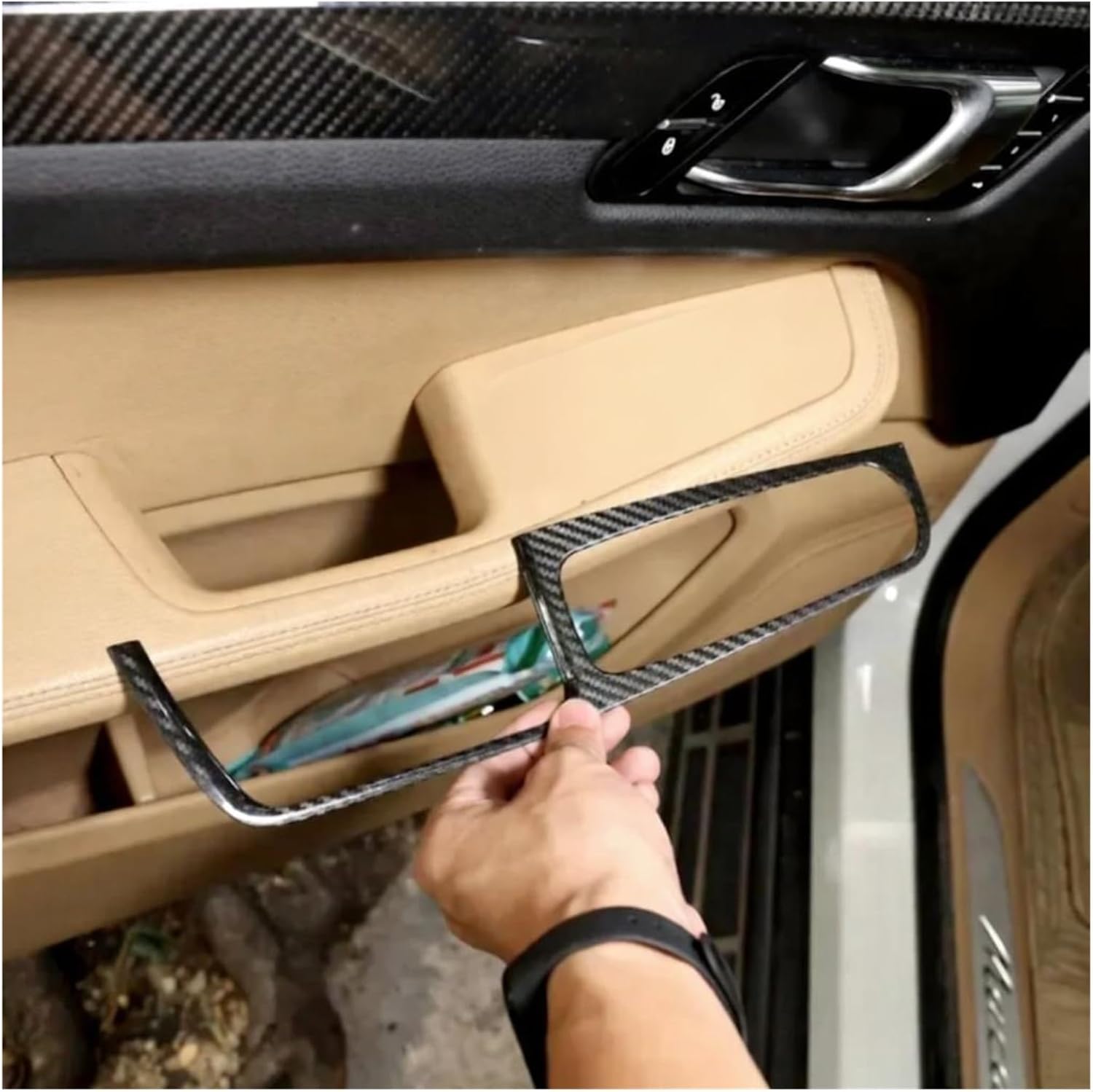 Compatible for Porsche Macan 2014-2023 Real Carbon Fiber Car Glass Lift Switch Panel Frame Cover Trim Interior Car Accessories(Black)