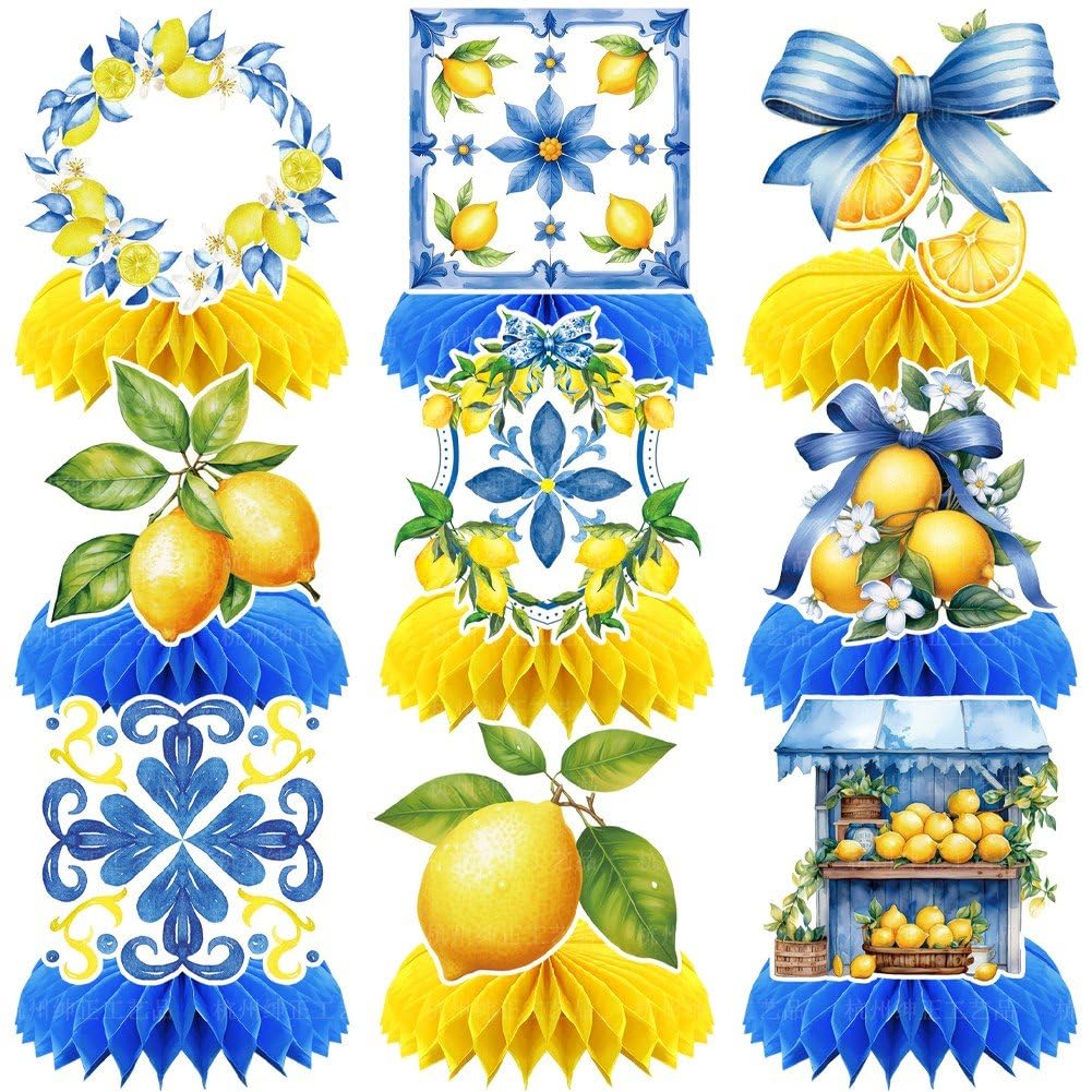 Ppmter Lemon Party Decorations, 9 Pcs Lemon Honeycomb Centerpieces Summer Birthday Table Toppers Decorations for Baby Shower Birthday Party Favors