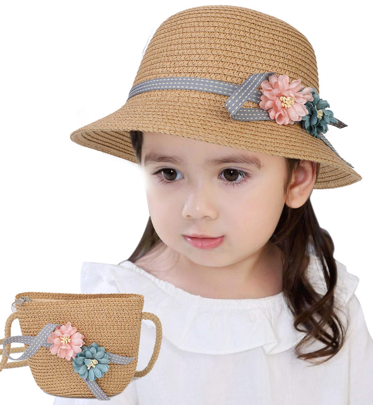 Lachi-fashion Lachi Sombrero de Paja Niña Gorra de Sol Chica + Bolsillo Set Gorro de Playa Niñas Anti UV Protección Solar Alas Anchas Transpirable para Viaje Beach Piscina al Aire Libre 3-7 años.