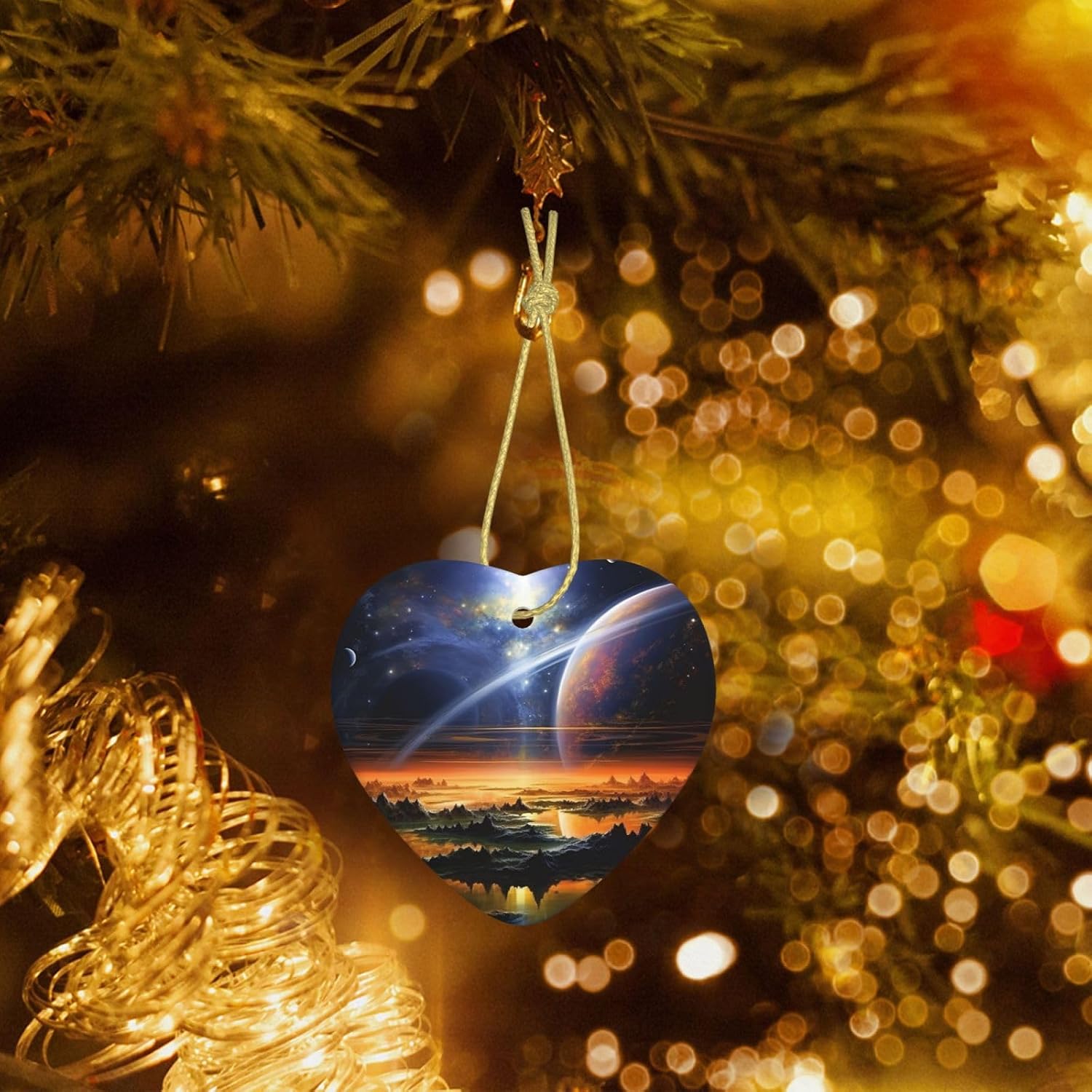 Christmas Ornaments Universe Landscape Painting Heart Ceramic Hanging Ornaments with Gold Ribbon Christmas Tree Hanging Ornament Funny Porcelain Pendant Crafts Xmas Ornament for Holiday Party
