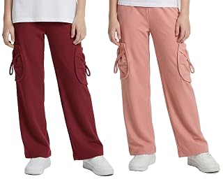STARLATH Girls Pants and Trousers for Kids, Multicolor Girls Stretchable Trackpants and Lowers Combo (Pack of 2) (in, Age, 13 Years, 14 Years, Regular, Peach & Maroon)
