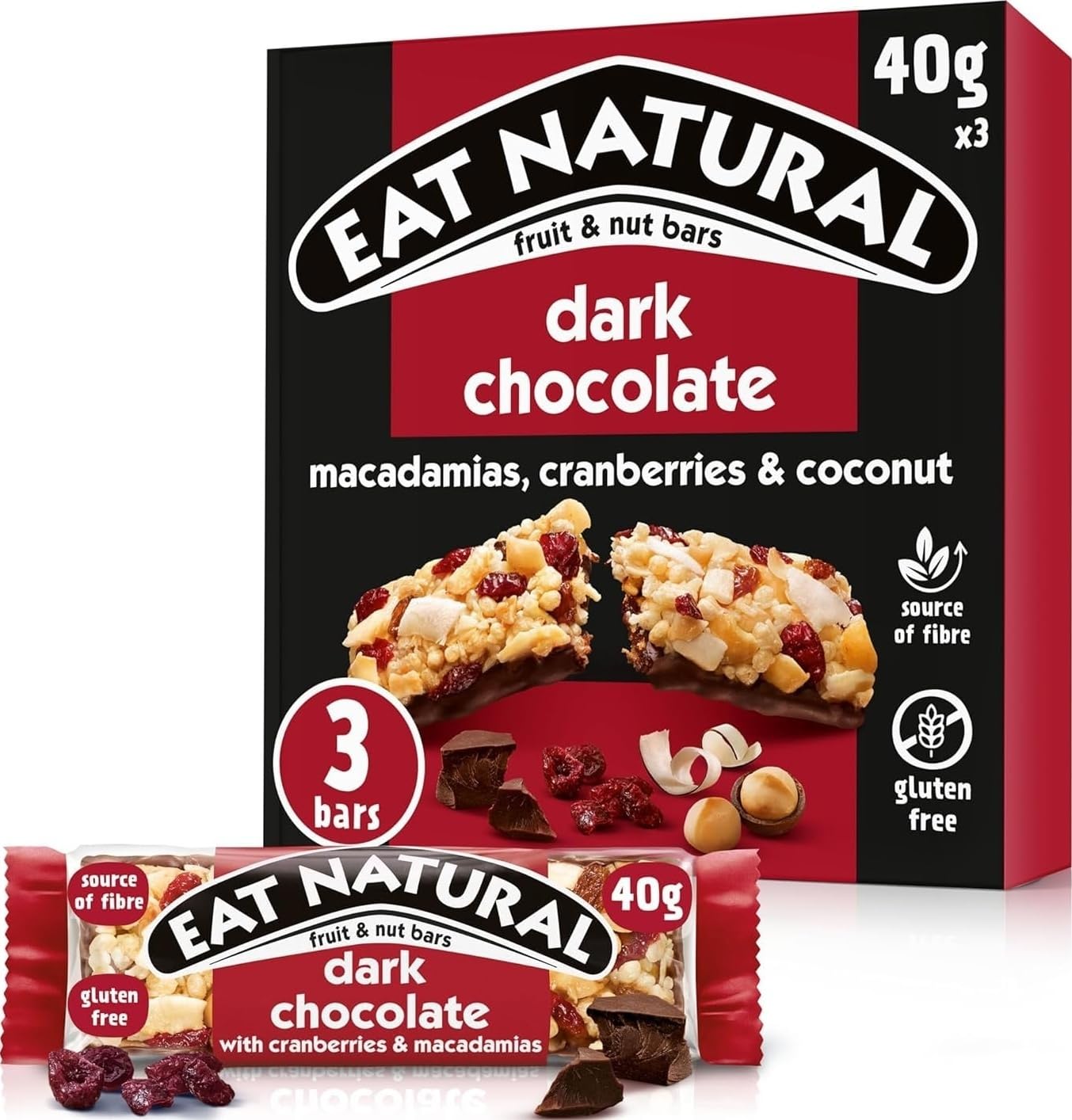 Eat Natural Nut Bars, Dark Chocolate, Cranberries, Macadamias, 3 x 40g