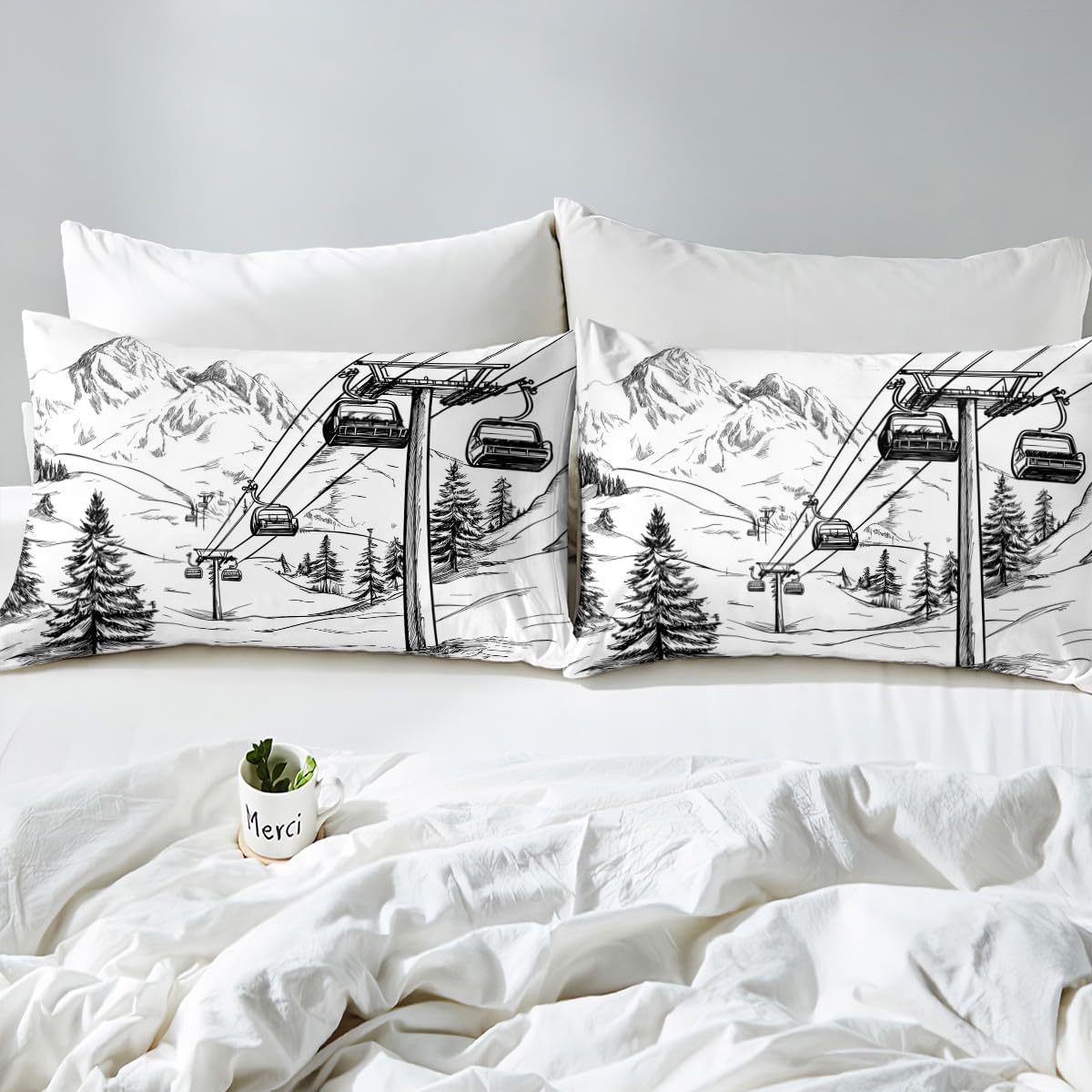 Ski Lift Duvet Cover Set King Size,Skiing Sport Bedding Set 3Pcs,Snow Mountain Pine Jungle View Comforter Cover for Kids Boys Girls Adult Room Decor Black White Sketch Quilt Cover,2 Pillowcases