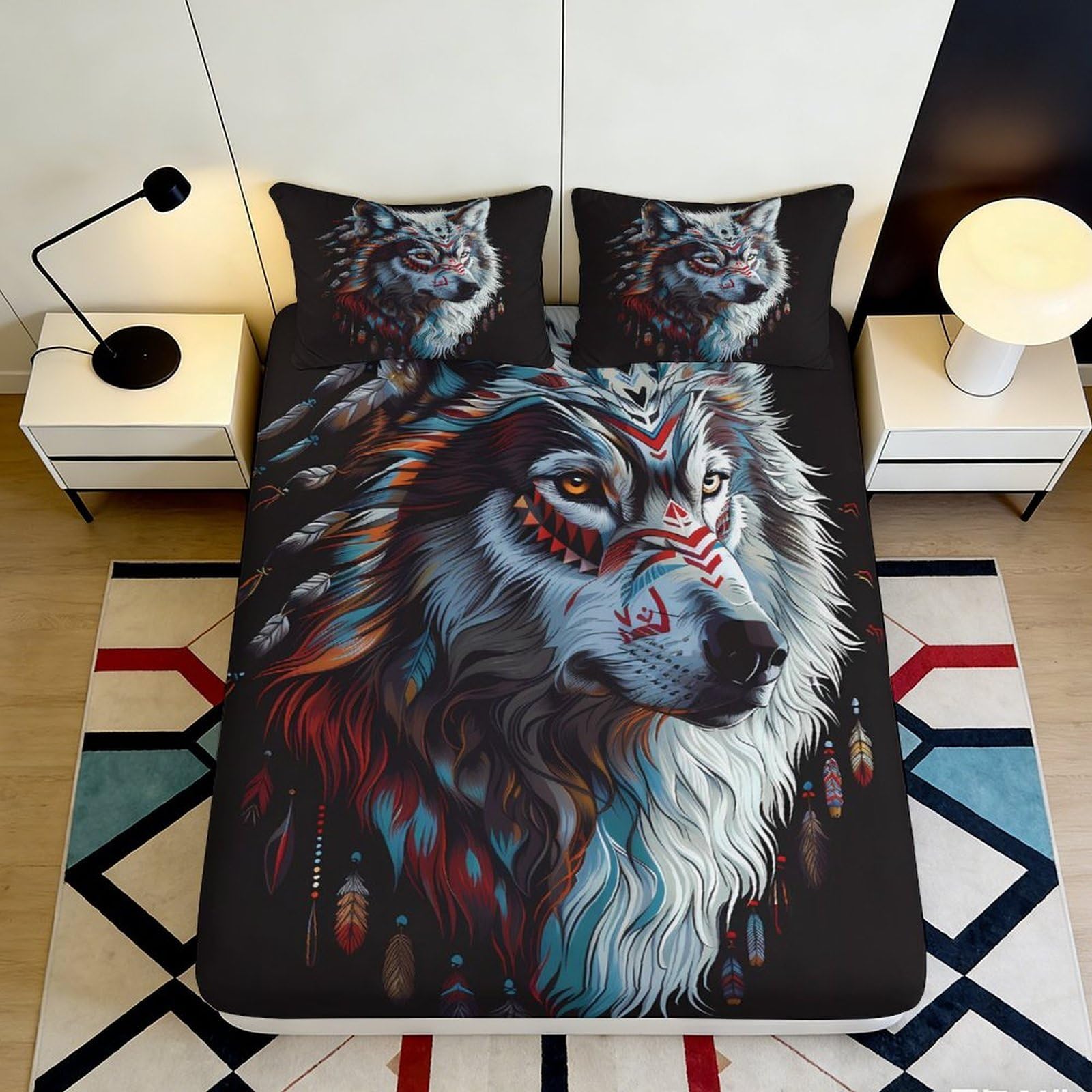3D Printed Wolf Art Fitted Sheet Microfiber Soft Breathable Tribal Pattern Mattress Cover for Bedroom Dorm Decor 90x200x25cm