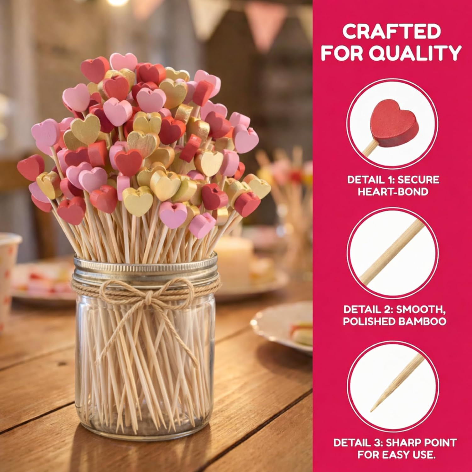 Heart Shaped Cocktail Picks 300 Pcs, 4.7 Inch Natural Bamboo Toothpicks for Appetizers, Love Heart Fancy Food Picks for Wedding, Valentines, Bridal Shower, Party, Birthday Decorations (Gold Pink Red)