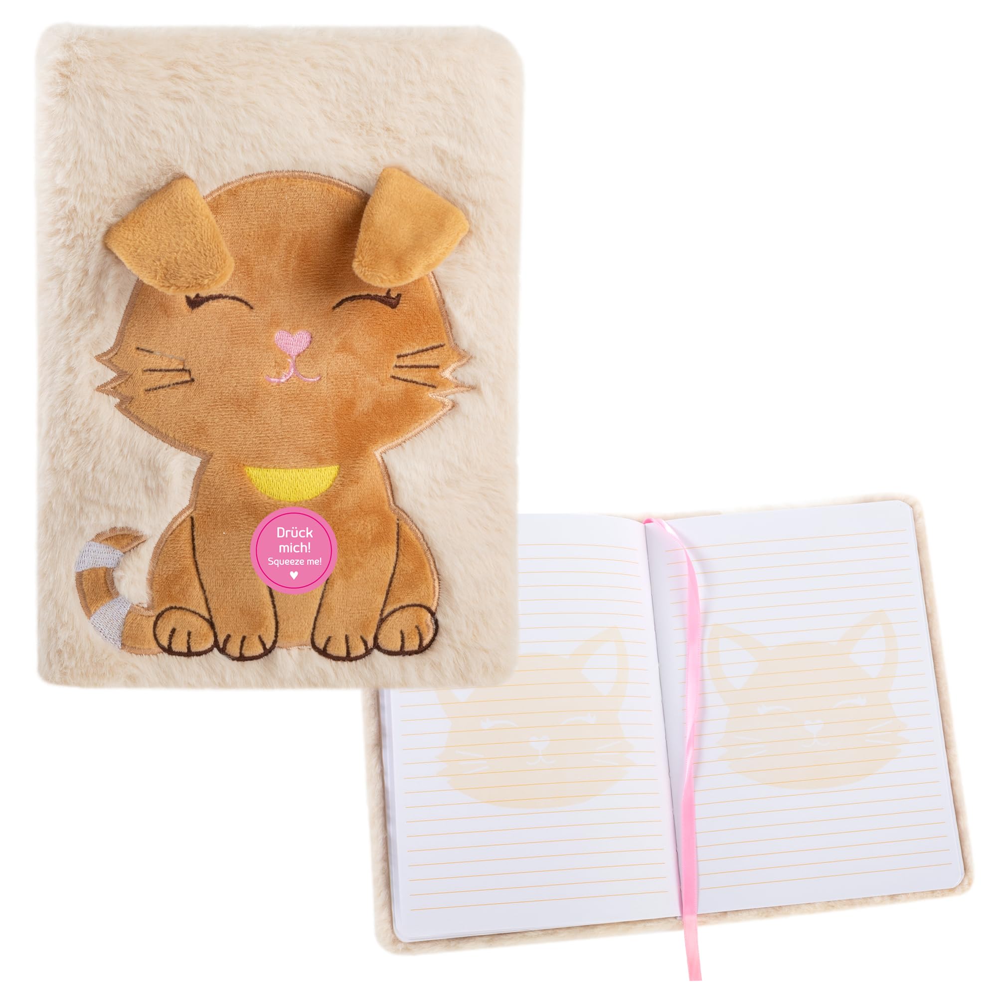 Idena Fluffy Cat 12104 Notebook A5 Lined 80 Sheets 80 g/m² White with Bookmark Ribbon and Plush Cover