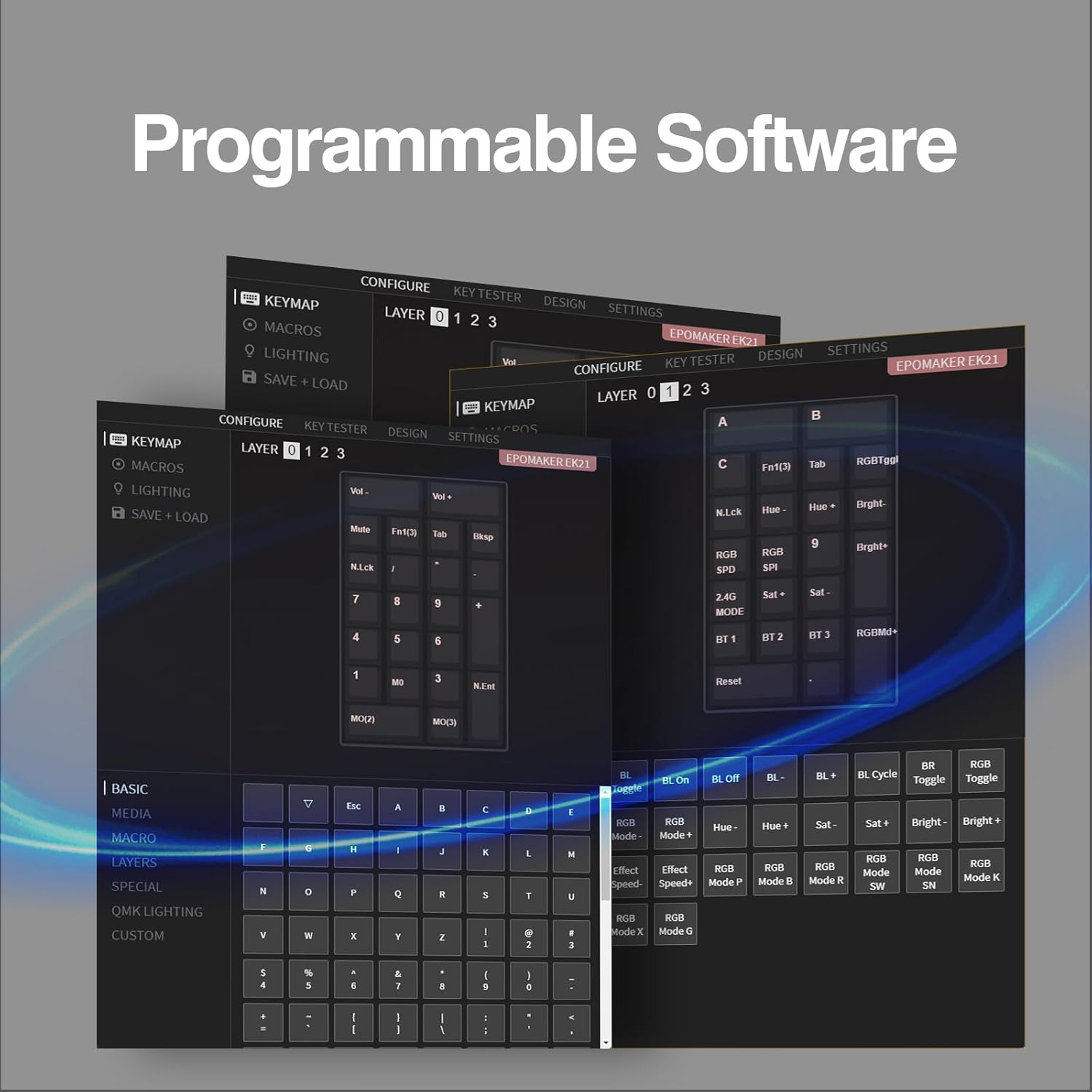 Screenshot of the VIA software interface showing keymap configuration, macros, and lighting settings for the EPOMAKER EK21.