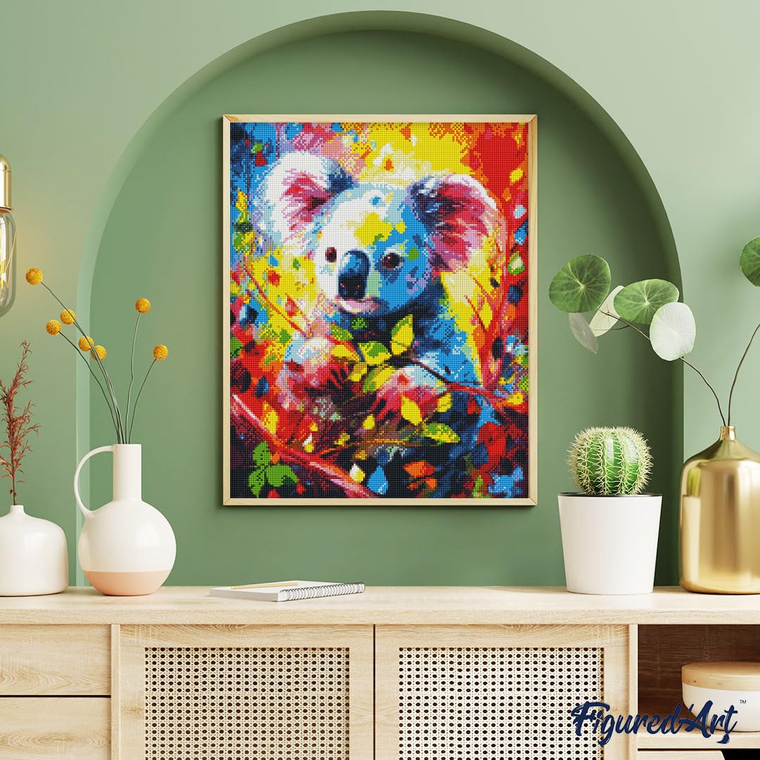Figured'Art Diamond Painting Erwachsene 40x50cm Mit Rahmen Ganze Leinwand gespannt Koala Farbenfroh Abstrakt 5D Bilder Eckige Steine - DIY Set Basteln