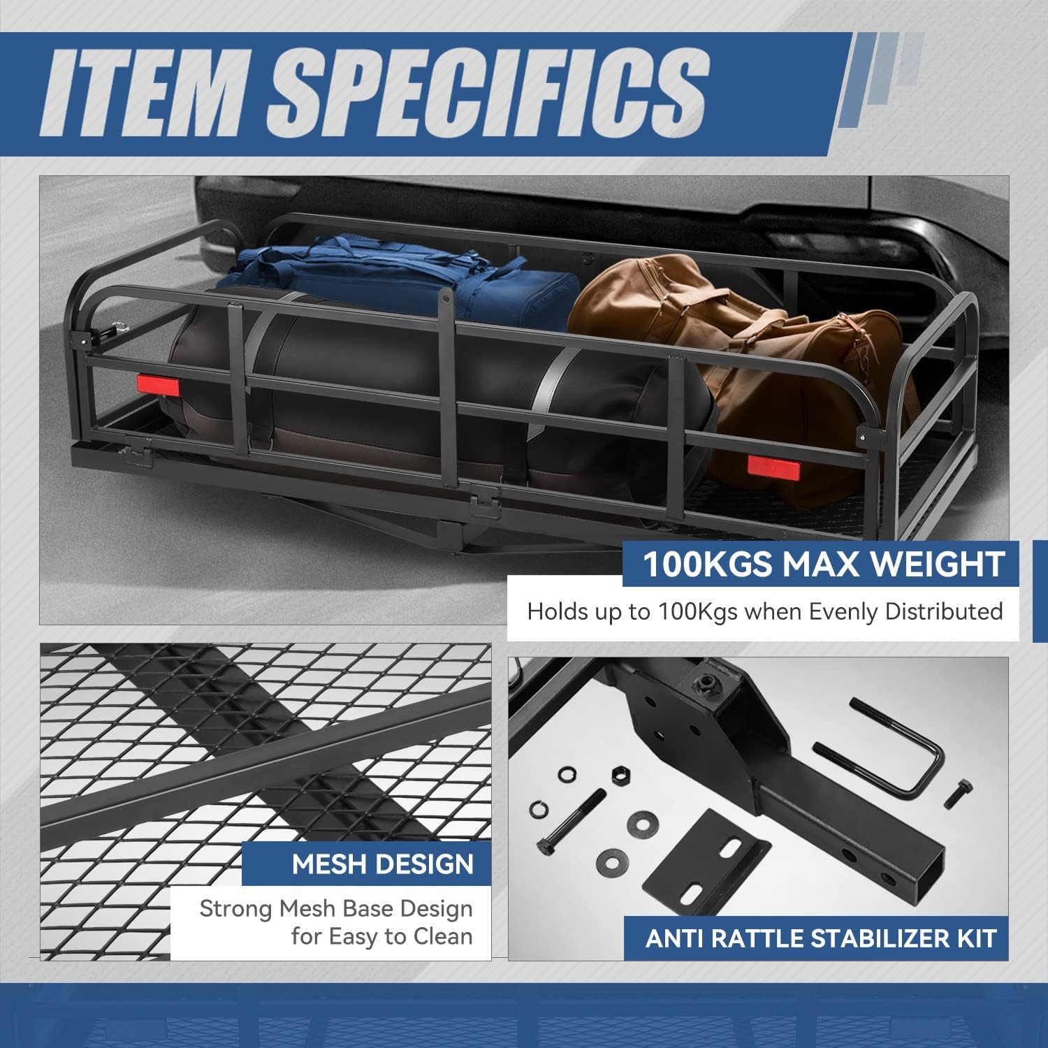 Auto Dynasty Universal Rear Fold-Up Tow Hitch Trailer Cargo Holder Carrier Basket with Red Reflector Compatible with 2 Inch Tow Receiver Car Model, Mild Steel, Black Powdercoated