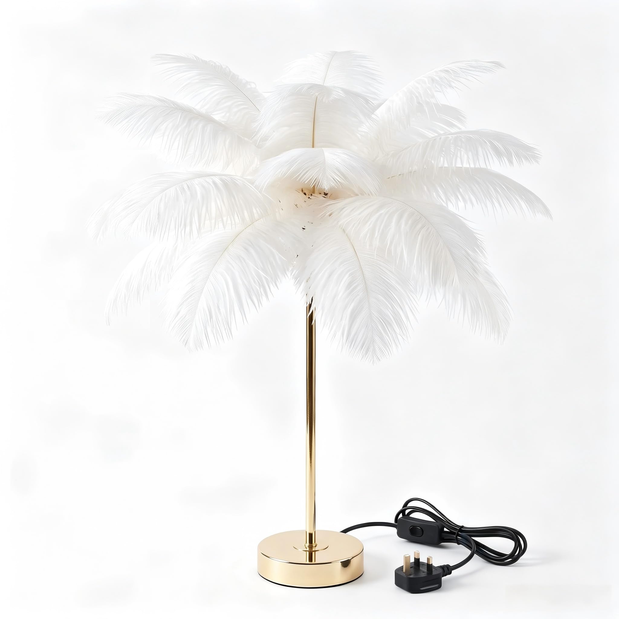 Aliseing Modern Ostrich Feather Table Lamp, 3-Colour Changing Dimmable Night Light, UK Plug Creative Bedside Lamp for Bedroom, Living Room, Kids Room, Wedding & Party Decorative Lighting