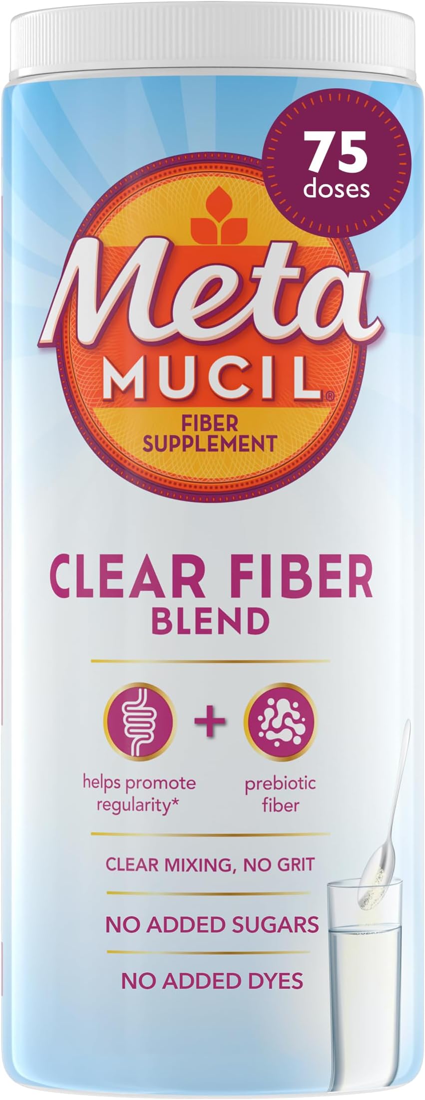 Metamucil Fiber Supplement, Unflavored Clear Mixing Powder, No Grit, No Sugar Added, Plant Based Prebiotic Fiber Supplement Blend for Daily Digestive Health, 75 teaspoons
