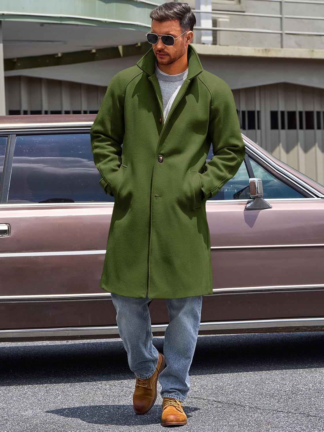 Runcati Mens Trench Coat Notched Collar Single Breasted Mid Long Peacoat Slim Fit Winter Warm Chunky Overcoat - Image 4