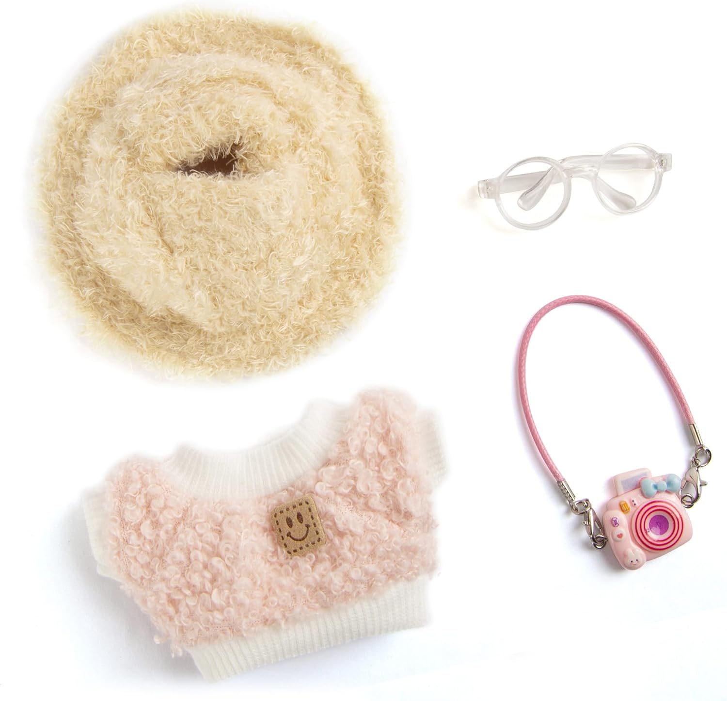 17cm Doll Clothes for Labubu, Kawaii 4-Piece 17cm Clothes Dolls Outfit Set with Accessories – Pink Diamond Hat + Clear Glasses + Pink Camera + Pink Smily Shirt(Doll Not Included)