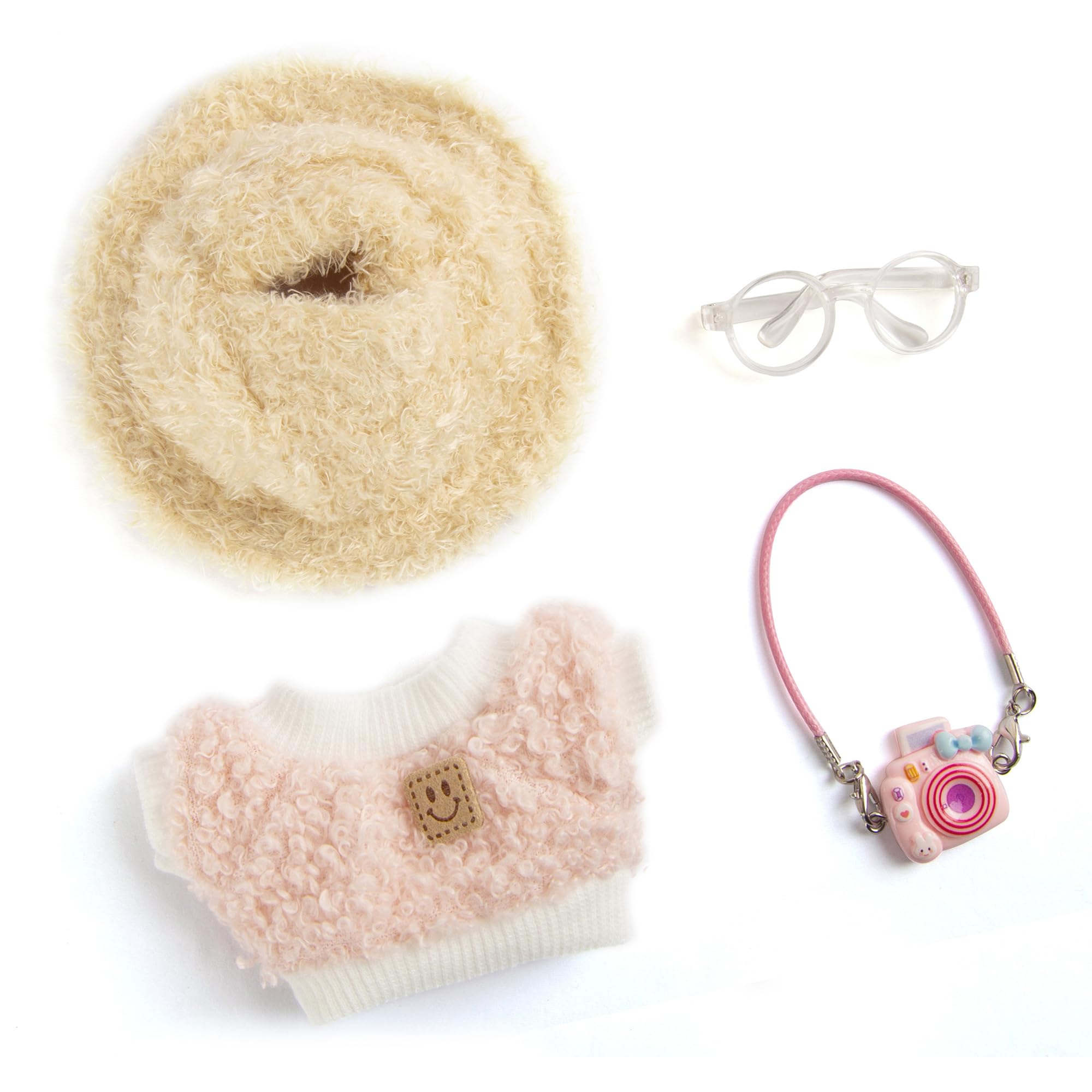 17cm Doll Clothes for Labubu, Kawaii 4-Piece 17cm Clothes Dolls Outfit Set with Accessories – Pink Diamond Hat + Clear Glasses + Pink Camera + Pink