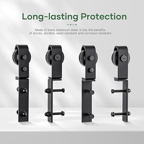 Miniatura 4 de Kit de riel de herrajes para puerta corrediza de granero plegable de 46 pulgadas, rodillo negro montado lateral, suave y silencioso, fácil de