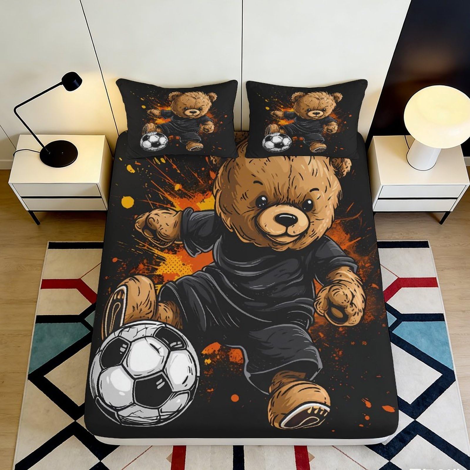 3D Printed Football Bear Fitted Sheet Microfiber Black Cartoon Bed Cover for Bedroom Guest Room Mattress Decor 90x200x25cm