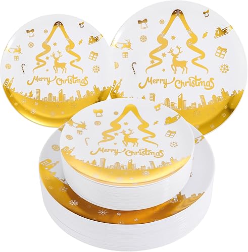 Miniatura 1 de DaYammi 60PCS Christmas Plastic Plates Gold Disposable Plates Christmas Party Plates With Christmas Tree Bell Deer Snowflake White and Gold Plastic