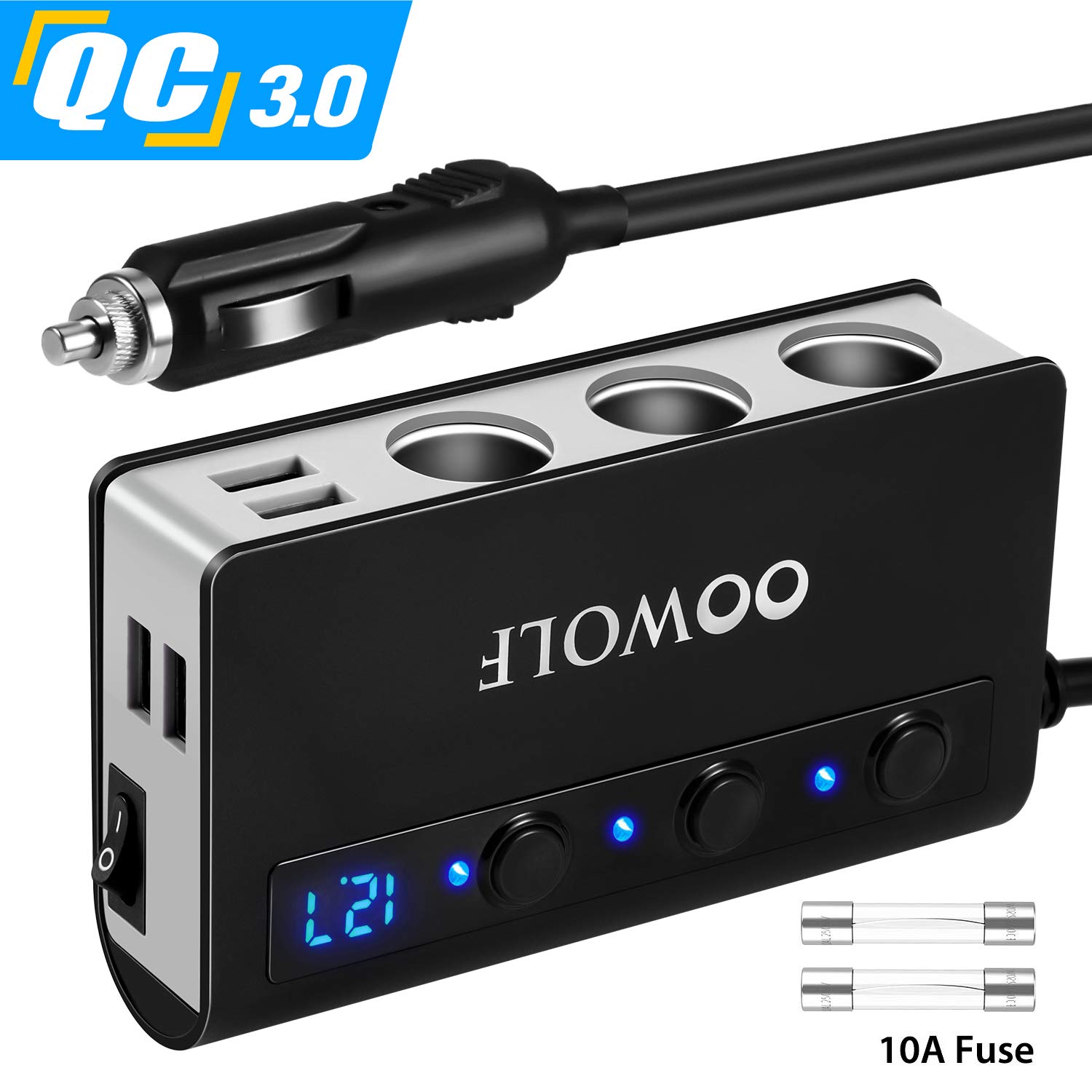 OOWOLF Zigarettenanzünder Verteiler, QC 3.0 180W 12V/24V, Adapter Auto Ladegerät, 3 DC Steckdose Splitter 4 USB Anschlüsse KFZ Verteiler für Smartphone, Tablet, GPS, Navi
