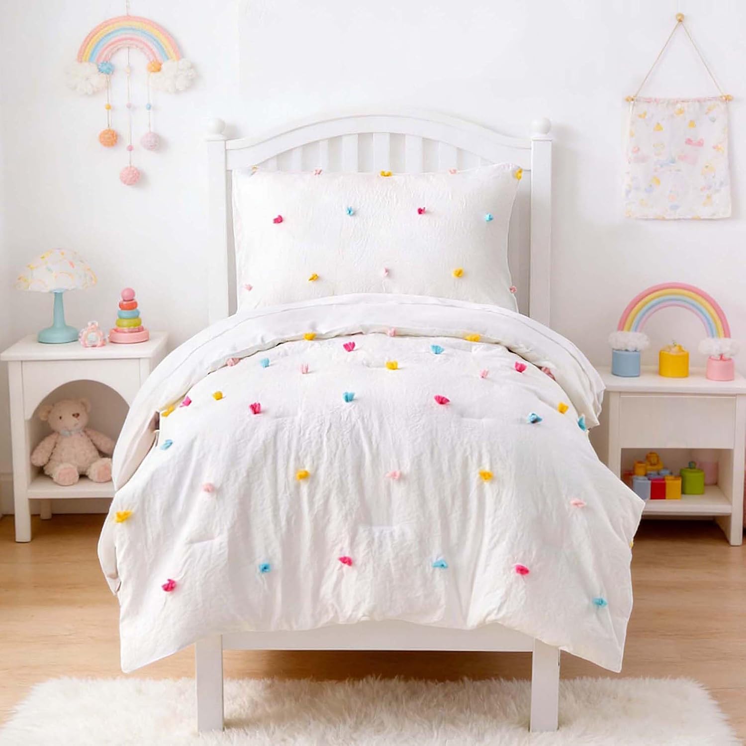 4 Piece White Boho Toddler Bedding Sets for Girls Colorful Pom Pom Comforter Set Jacquard Tufted Dot Crib Bed Sheets Set for Baby Bed in a Bag, Include Comforter, Flat Sheet, Fitted Sheet, Pillowcase