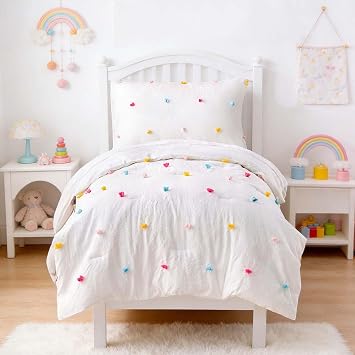 Cozyholy 4 Piece Boho White Toddler Bedding Sets with Colorful Pom Pom