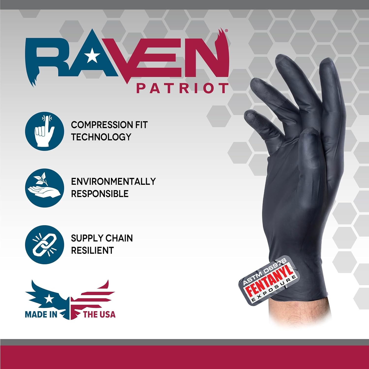 SAS Raven Patriot Powder-Free Nitrile Disposable Gloves | 7 Mil - Lrg | Black, 10 Boxes of 100| Latex Free, Compression Fit, Textured Grip | Paint, Automotive, Industrial, Janitorial, Food Service