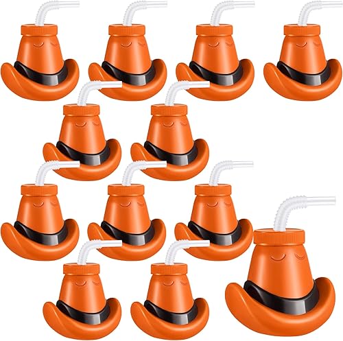 Amyhill Vasos de sombrero de vaquero con tapas y pajitas de plástico de 12 onzas para suministros de fiesta occidental, decoraciones de fiesta de