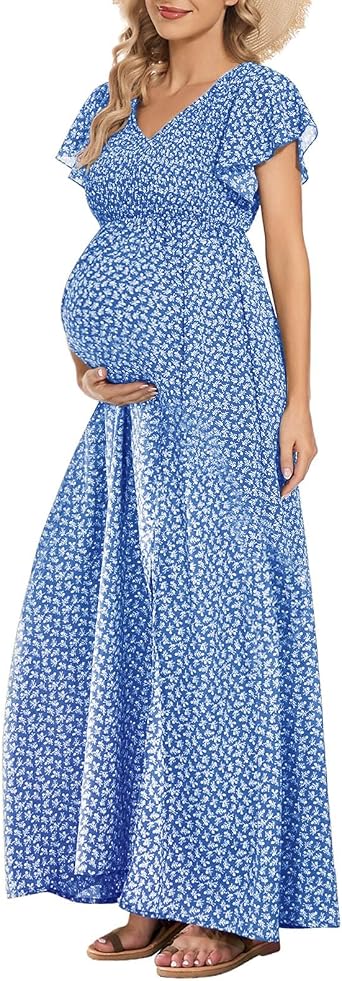 Floral Maternity Dress Square Neck Puff Sleeve Smocked Boho Photoshoot Baby Shower Pregnancy Dresses