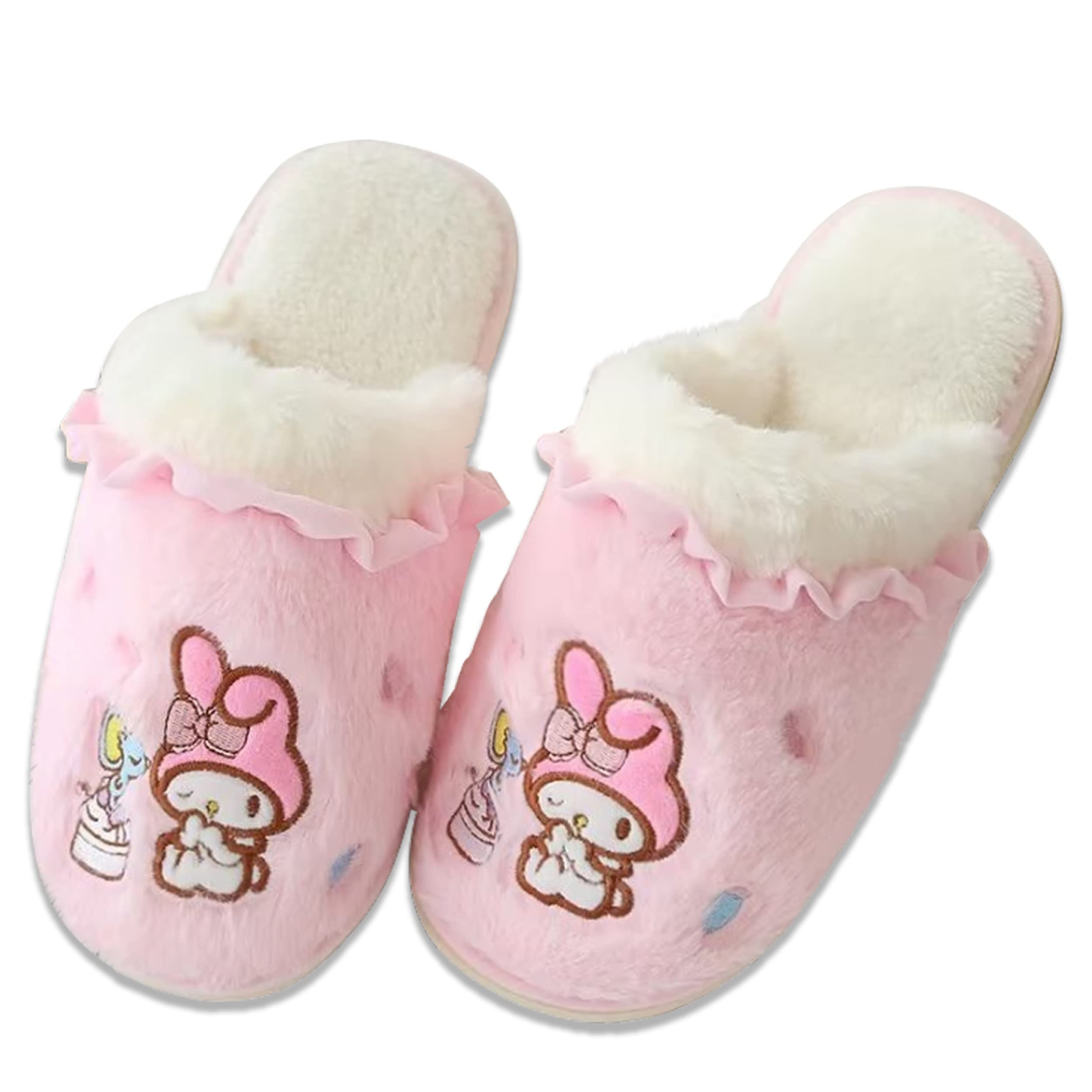 Anime Cute Plush Open Back Floor Slippers Indoor Shoes Fuzzy Slippers with Rubber Sole for Women