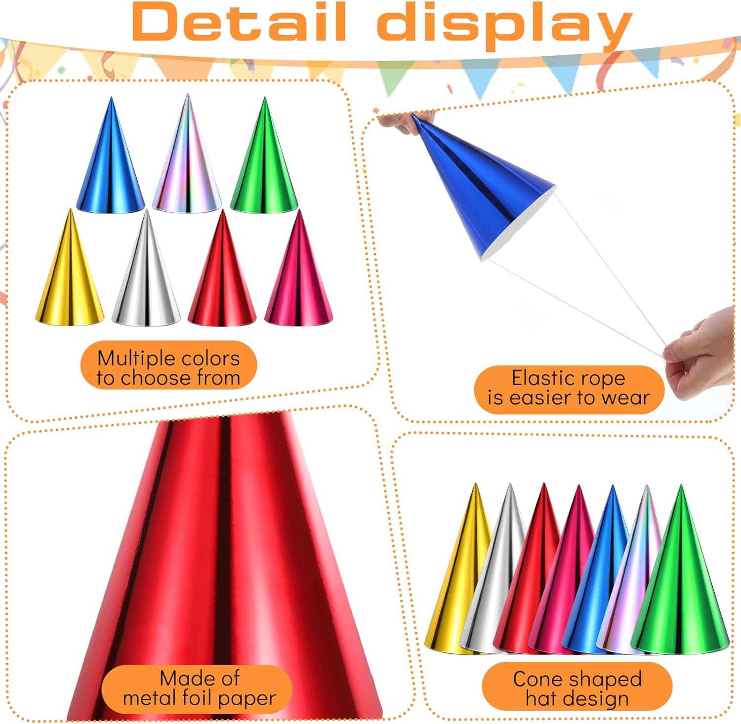 120/60 Pcs Cone Birthday Party Hats Bulk, Colorful Paper Party Hats with Elastic String - Assembly Required