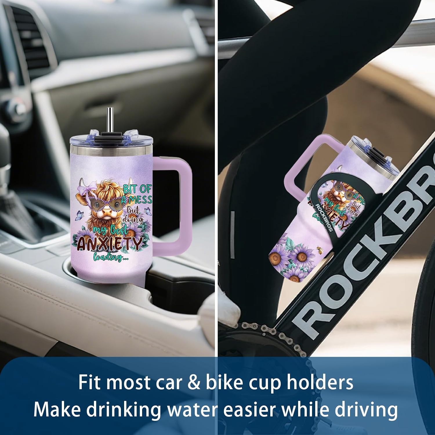 Highland Cow Gifts - Yak Tumbler 40oz with Handle and Straws, Leak-proof, Stainless Steel Insulated Coffee Mugs for Western Farm Lovers Cups, Purple Highland Cows Drinking Water Bottle - Image 5