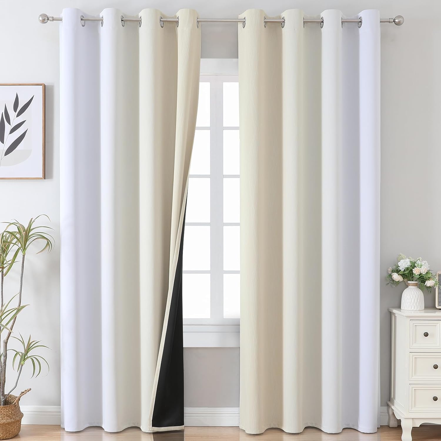 estelar textiler beige and greyish white ombre blackout curtains 90 inch length 2 panels set, thermal insulated drapes for bedroom,full room darkening grommet gradient curtains for living room,52wx90l 52"w x 90"l (pack of 2) beige and greyish white