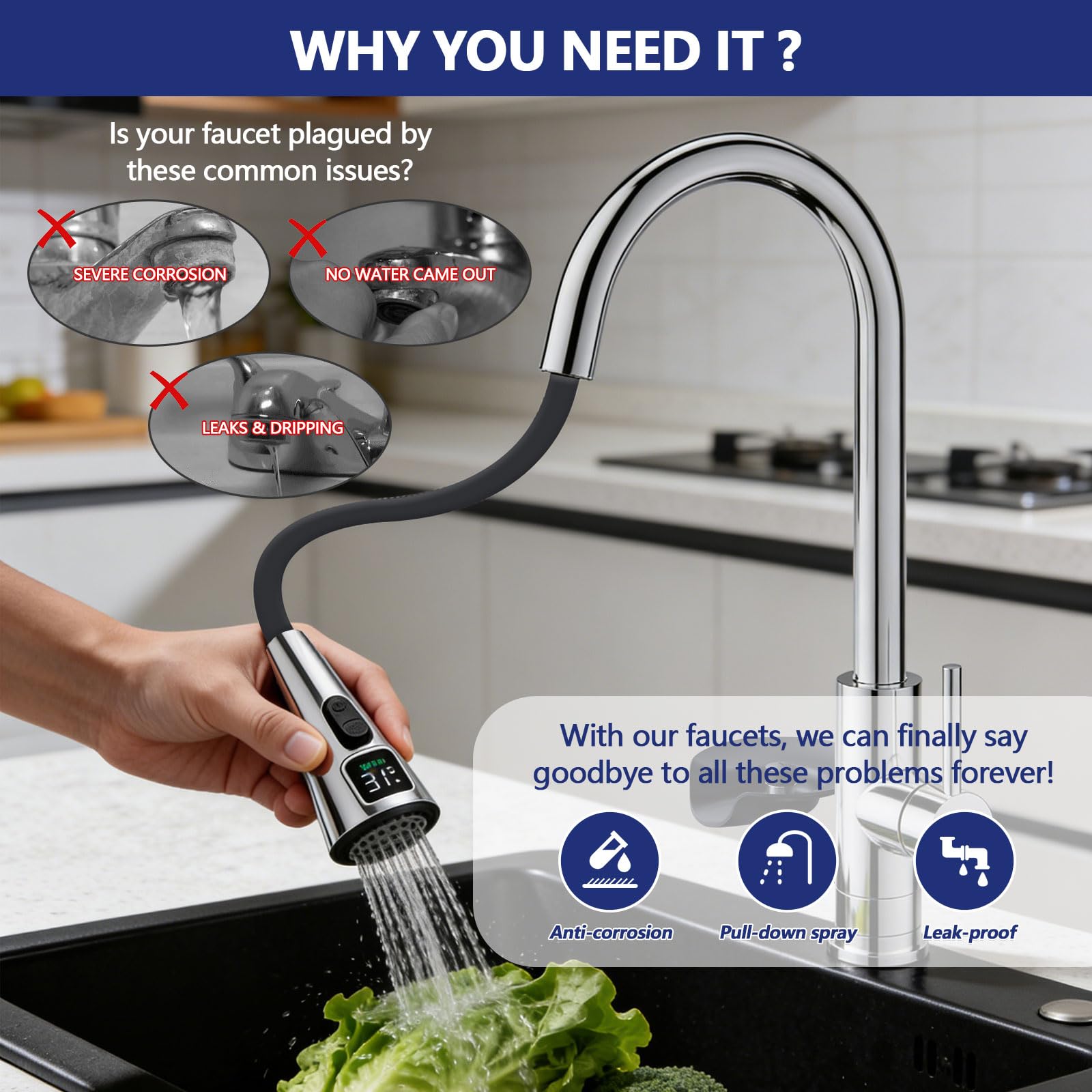 Robinet de Cuisine avec Lave-Verres, Mitigeur Cuisine Douchette Extensible 3 Modes, Affichage LED de la température de l'eau, 360°, Rotatif Acier Inoxydable 304 Brossé, Robinet Évier Multifonction