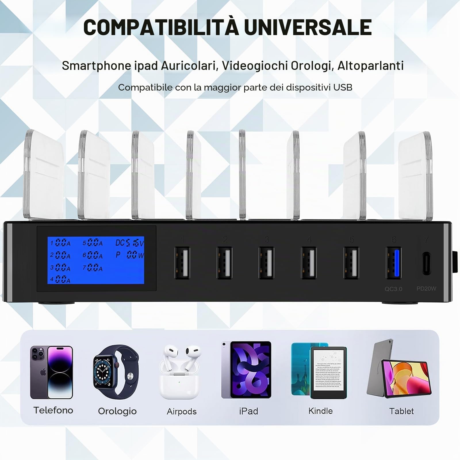 Stazione di ricarica rapida PD20W QC3.0 Multi porte USB, stazione di ricarica 7 in 1 per più dispositivi con display LCD compatibile per iPhone, iPad, Samsung, Huawei e altri (nero)