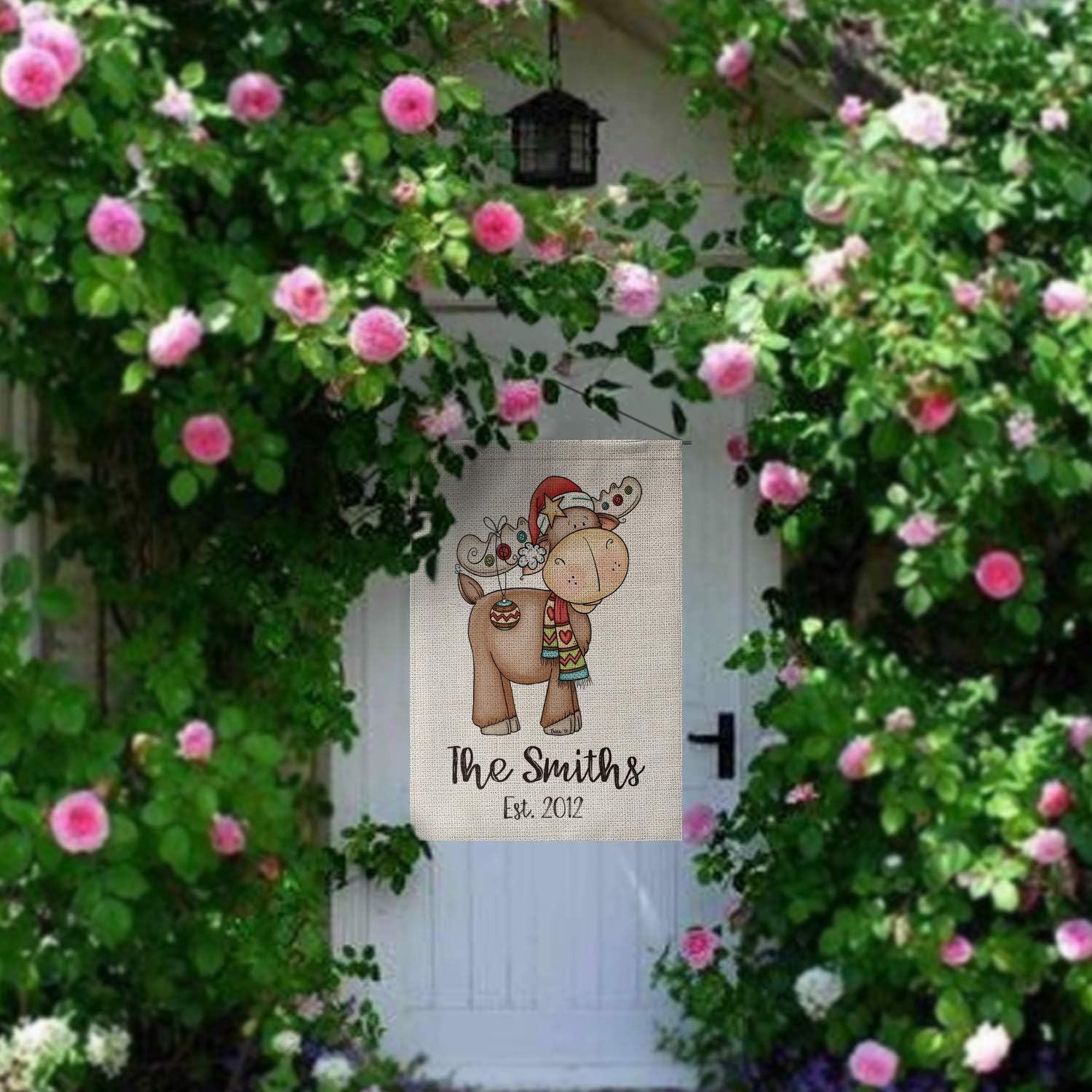 Smile Personalized Christmas Cute Moose House Flag, Customized Family Name and Established Year, Double Sided 28 x 40 Inch Rustic Farmhouse Burlap Yard Outdoor Decoration