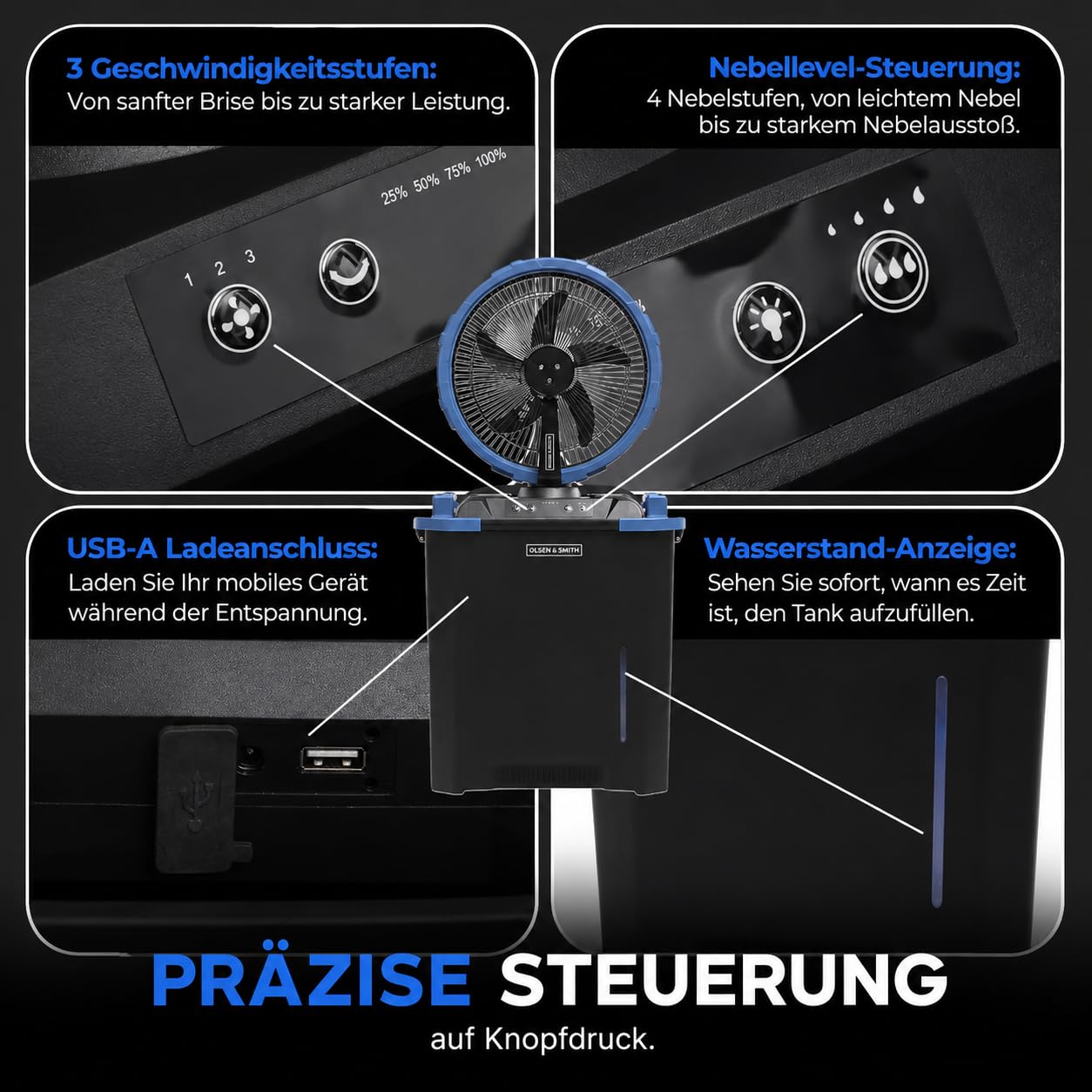 Olsen & Smith 16 Zoll Standventilator mit Wasserkühlung, Akku, Leise | Luftkühler & Ventilator mit Kühlung, 2,2 L Wassertank, Oszillation, Fernbedienung, Rollen, Garten Terrasse & Balkon, Blau