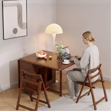 Space Saving Solid Wood Folding Dining Table 130CM Drop Leaf Dining Table | Fully Assembled;Table only;Storage for Up to Four Dining Chairs;Two Drawers;360-Degree Swivel Castors