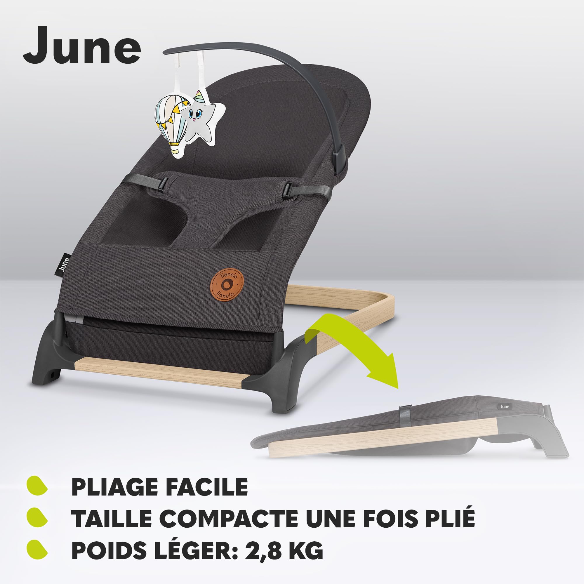 LIONELO June Air transat bébé dès les premiers jours de vie jusqu'à 9 kg, matière aérée, circulation d'air parfaite, léger, stable, antidérapant, bascule pour bébé pliable (Gris Graphite) (Stone)