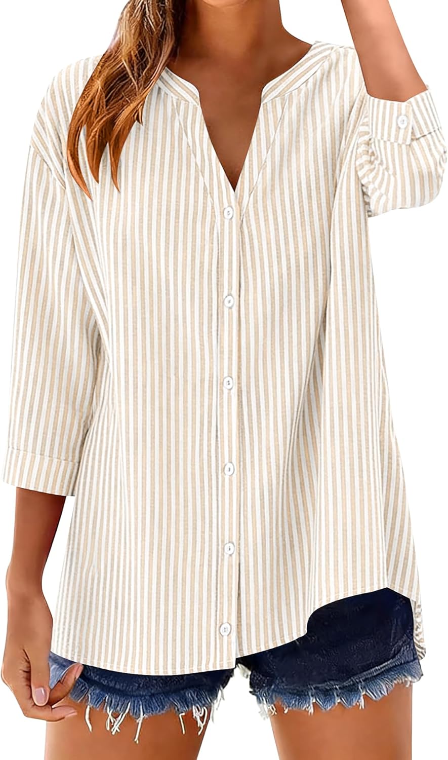 LOMON Cotton 3/4 Sleeve Button Down Shirts for Women Gingham Plaid Striped Tops V Neck Casual Loose Blouse