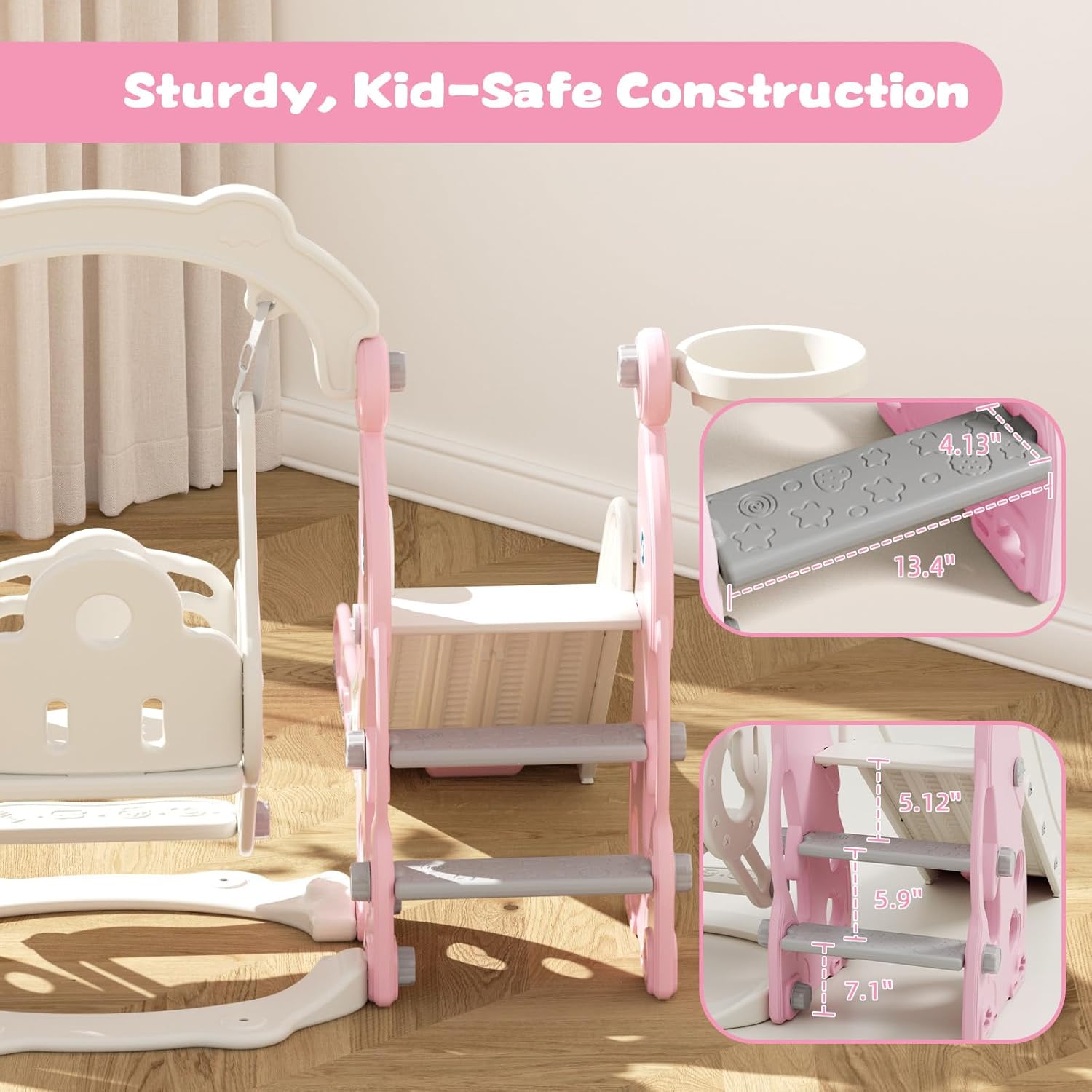 Glaf 6 in 1 Toddler Slide and Swing Set Toddler Outdoor Playset Kids Slide for Toddlers 1-3 Baby Slide with Basketball Hoop,Swing,Climber Toys for 1 Year Old Indoor Playground (Light Pink)