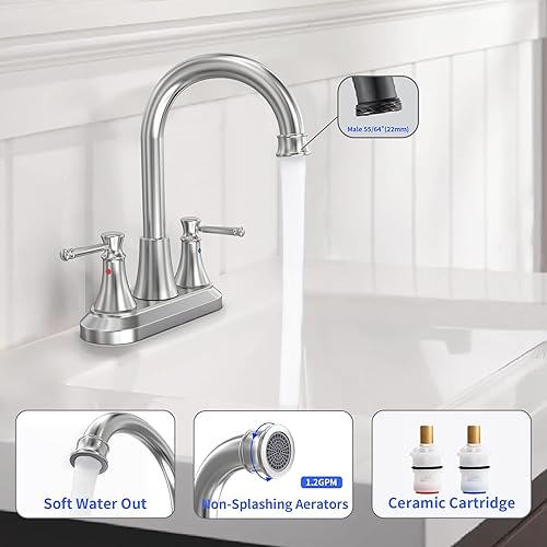 Miniatura 4 de GOWIN Grifo de baño de 2 manijas de níquel cepillado con drenaje desplegable de metal y líneas de suministro de grifo, grifo de utilidad giratorio