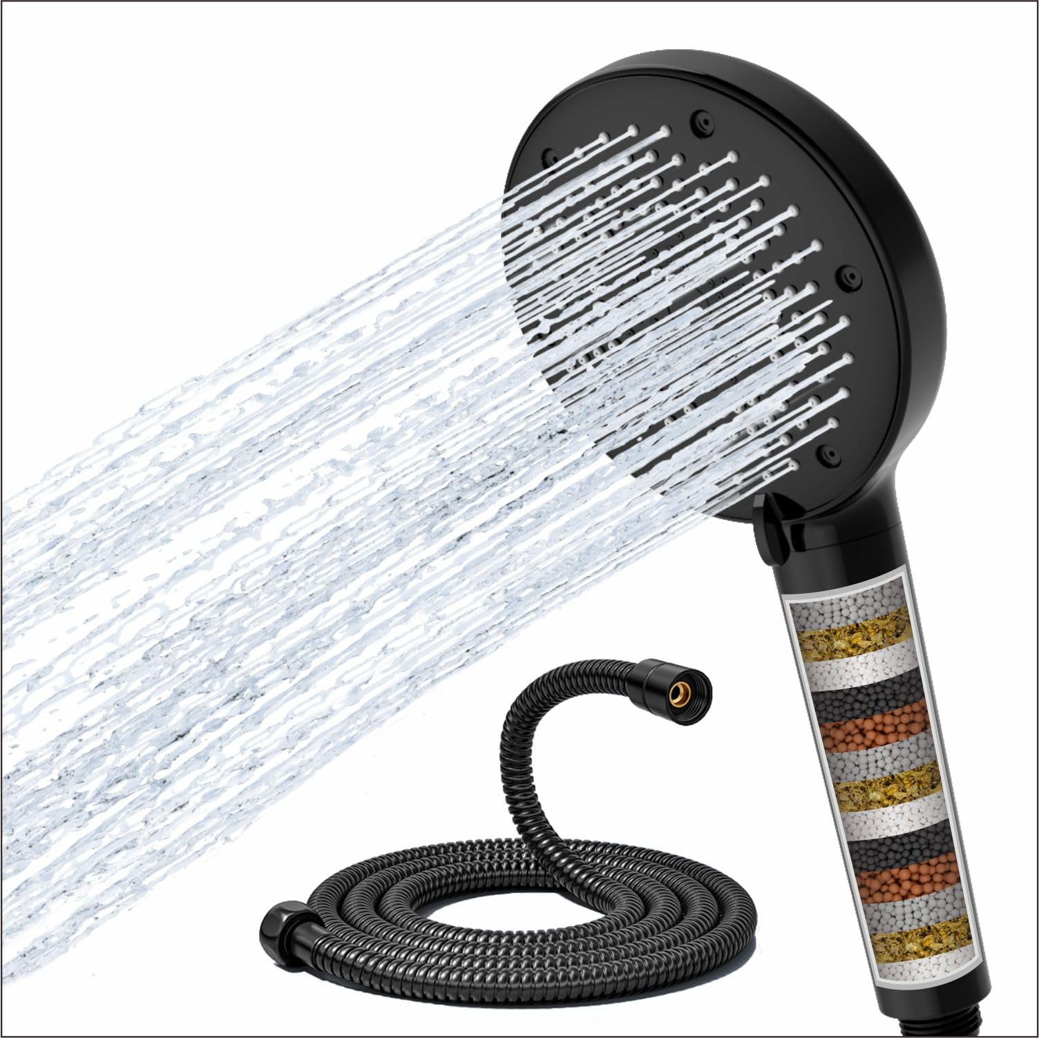 Ello&Allo Black Filtered Shower Head With 15-Stage Filter, Handheld Shower Head With 3 Spray Modes For Hard Water, 60 Cm Hose, Anti-Limescale Nozzles,